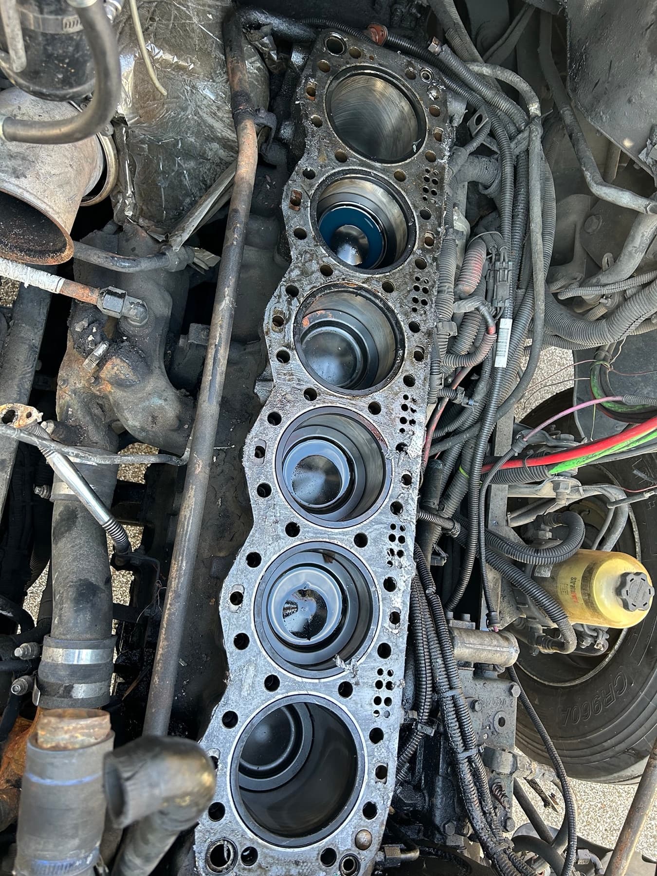 Heavy-duty diesel engine opened for internal repair
